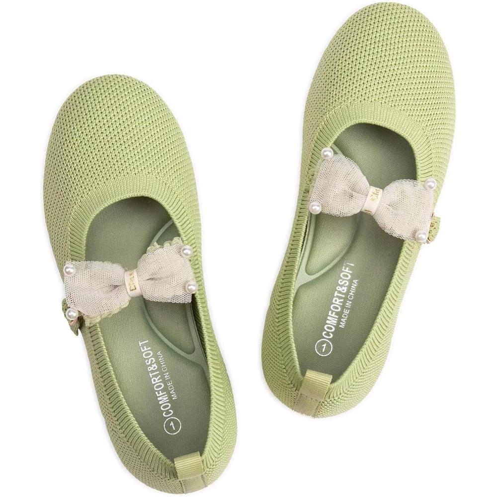 imageFrank Mully Girls Flat Shoes Kids Mary Janes with Bow Lightweight Comfort Cute ShoesLight Green