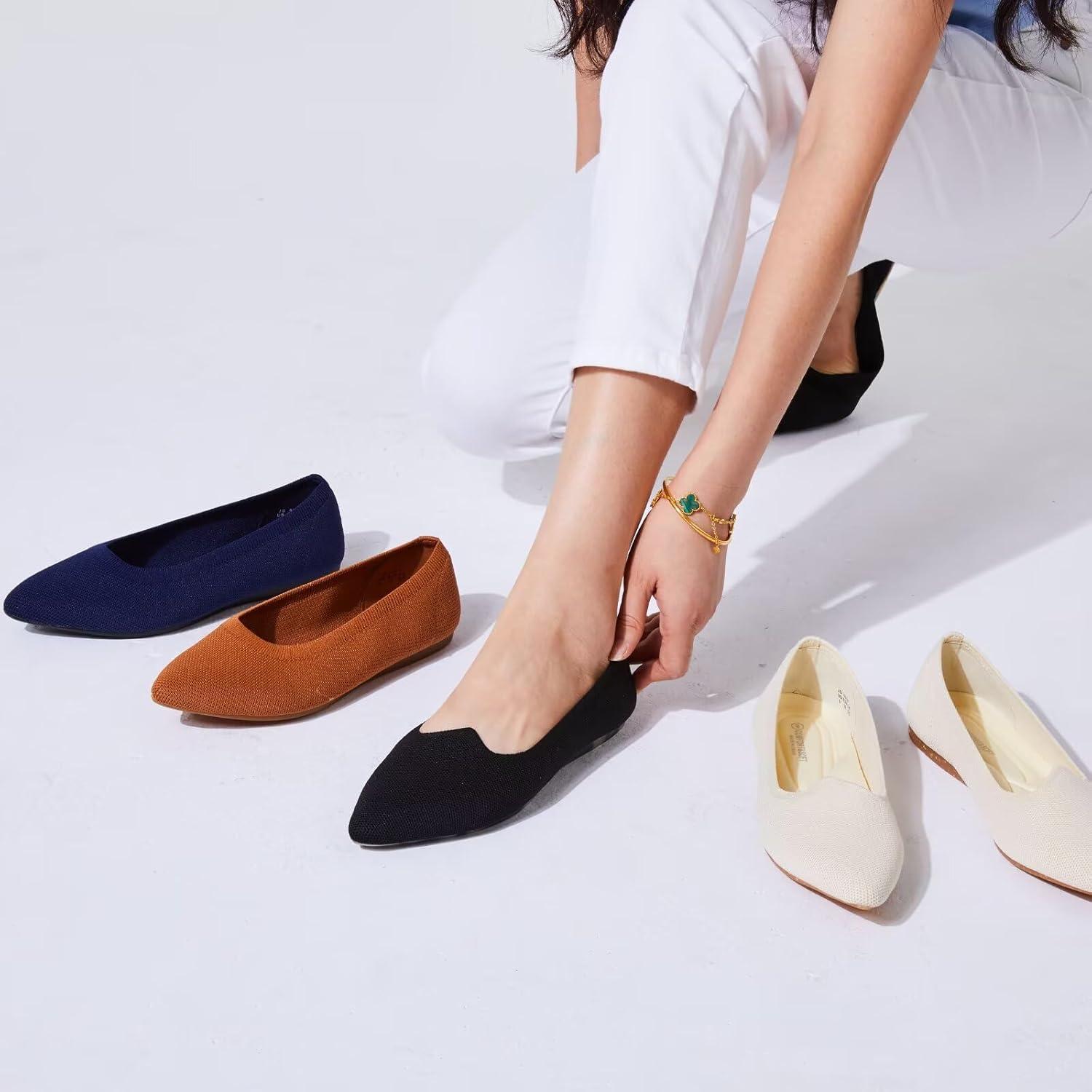 imageFrank Mully Womens Flats Pointed Toe Knit Flats Lightweight Slip On Breathable Comfort Walking Shoes with Arch Support Soft Flexible Sole for Work TravelBlack