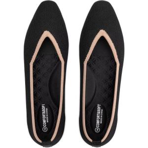 Frank Mully Women’s Square Toe Knitted Flats Breathable Lightweight Slip-On Shoes with Arch Support for All-Day Comfort(Black/Beige)