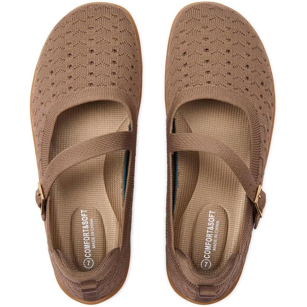 image:imageFrank Mully Womens Wide Width Flats Mary Jane Flat Comofortable Knit Ballet Flat Wide Toe Box Dress Shoes with Adjustable StrapsCoffeeMesh