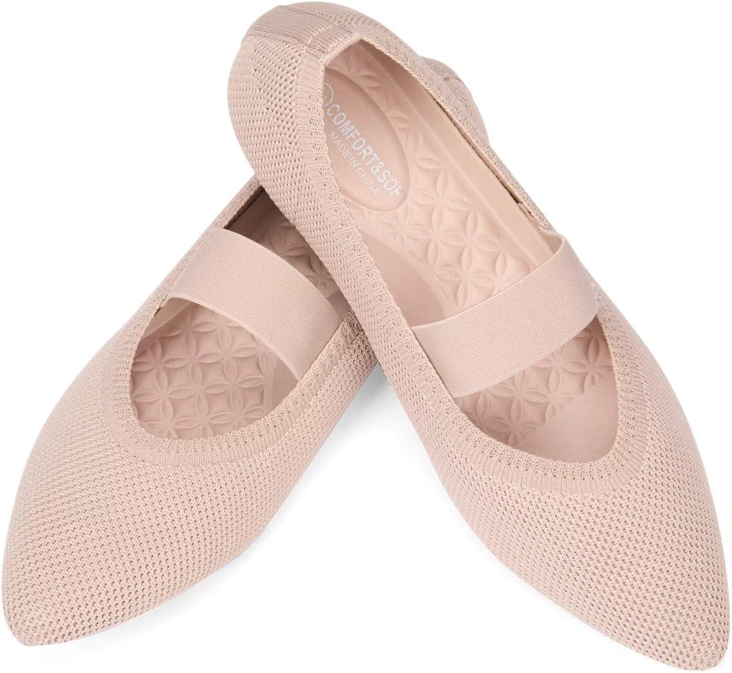 image:imageFrank Mully Womens Knit Flats PointedToe Shoes with Elastic Straps Ballerina Flat Shoes for Women Dressy6089ecru