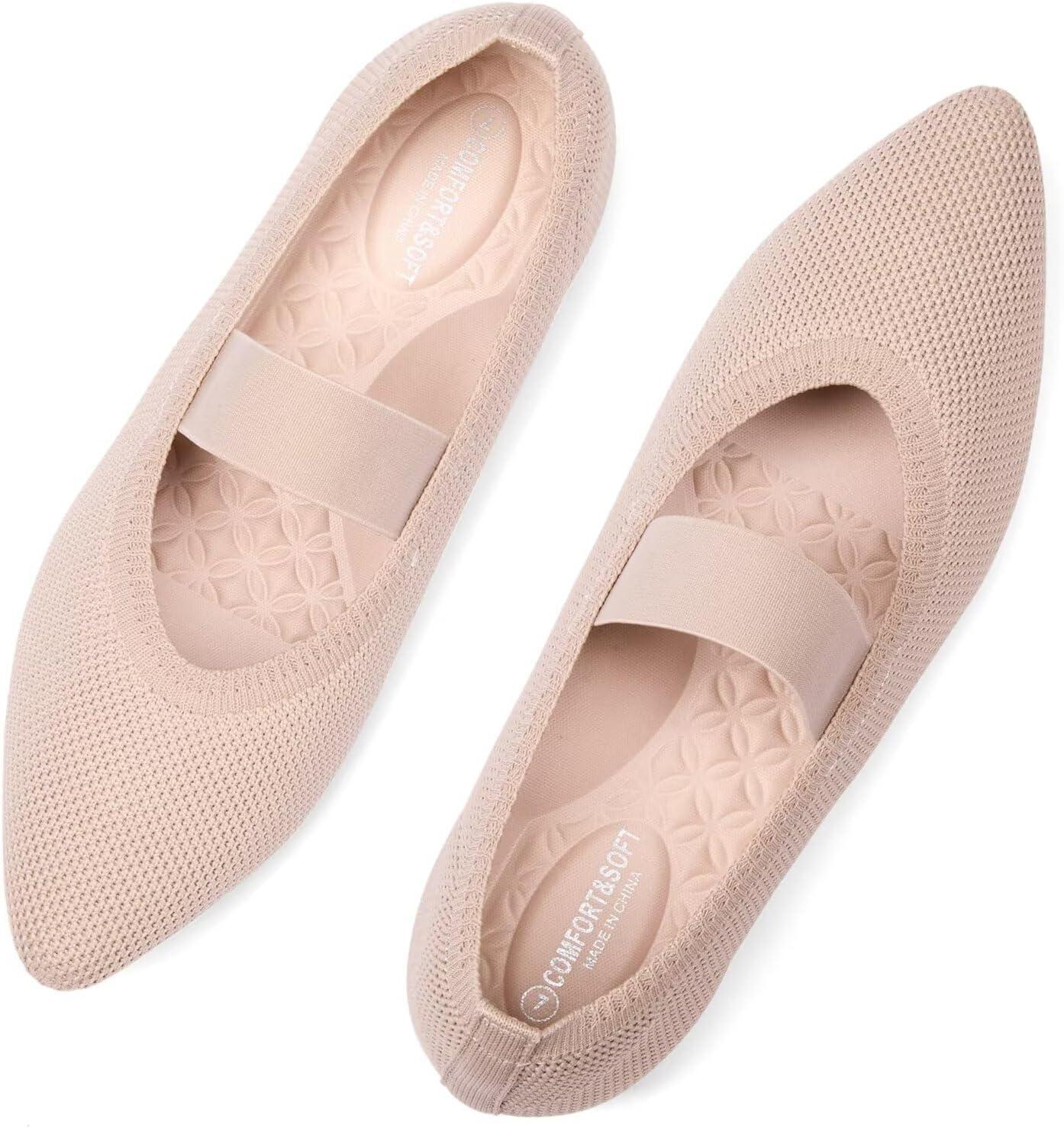 image:imageFrank Mully Womens Knit Flats PointedToe Shoes with Elastic Straps Ballerina Flat Shoes for Women Dressy6089ecru
