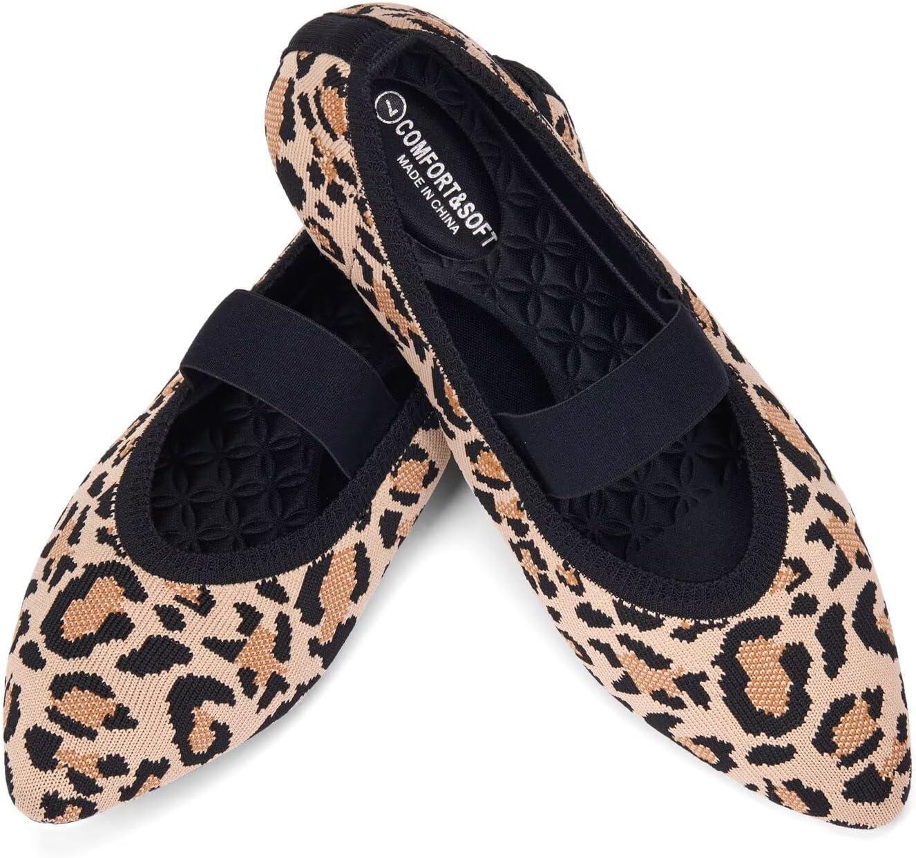 image:imageFrank Mully Womens Knit Flats PointedToe Shoes with Elastic Straps Ballerina Flat Shoes for Women Dressy6089leopard