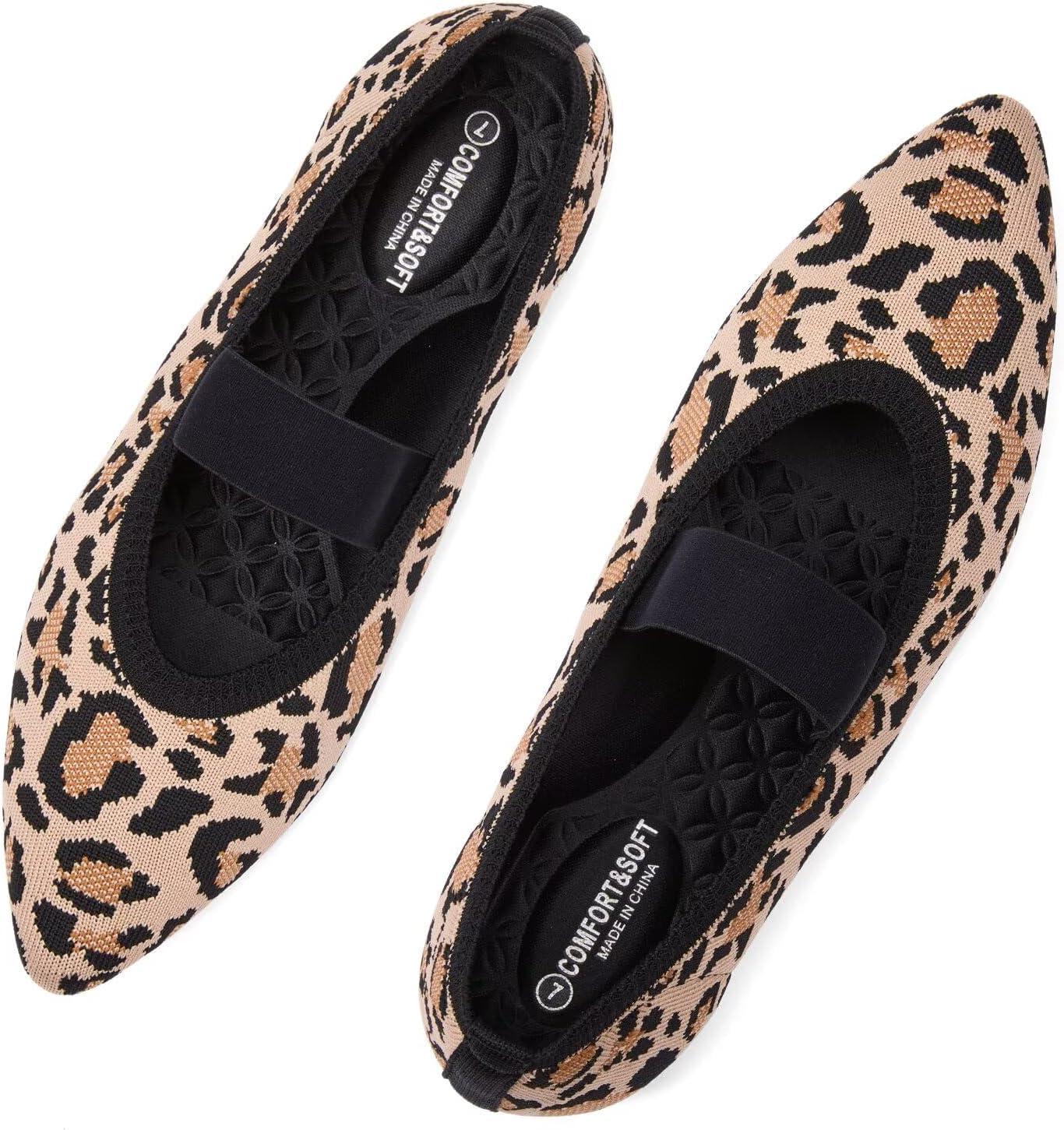 image:imageFrank Mully Womens Knit Flats PointedToe Shoes with Elastic Straps Ballerina Flat Shoes for Women Dressy6089leopard