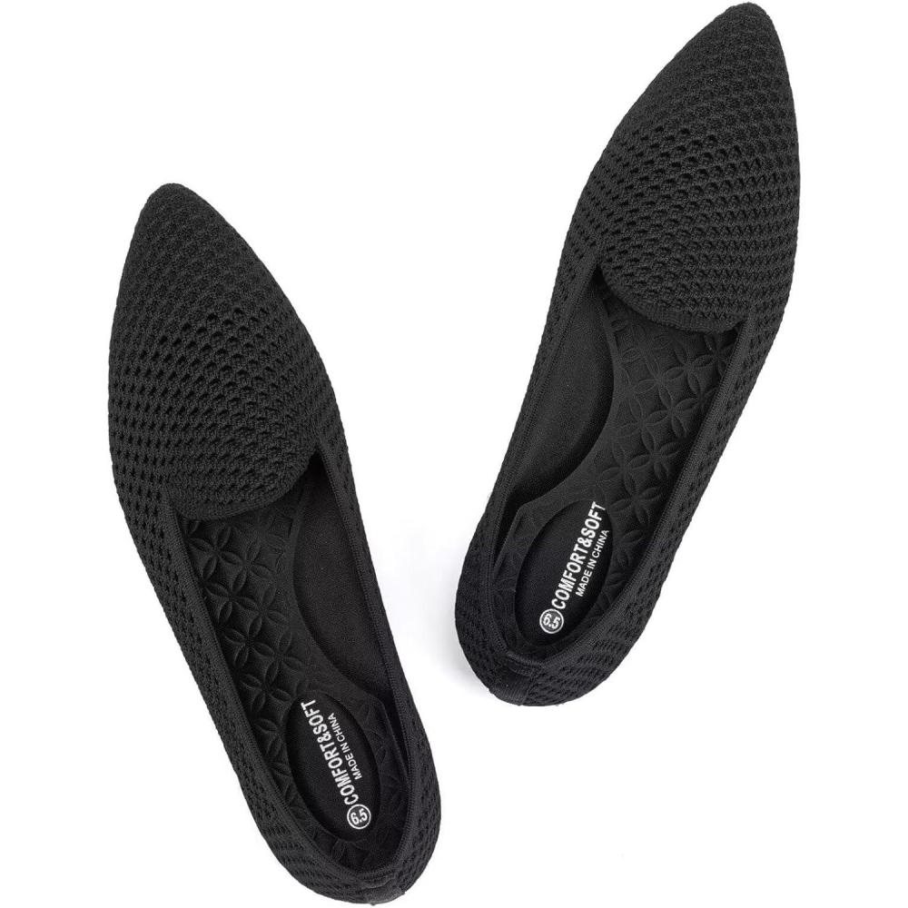 image:imageFrank Mully Womens Pointed Toe Flats Comfort Loafes Slip On Shoes for Woman Low Wedge Knit Dress Shoes for WorkBlack