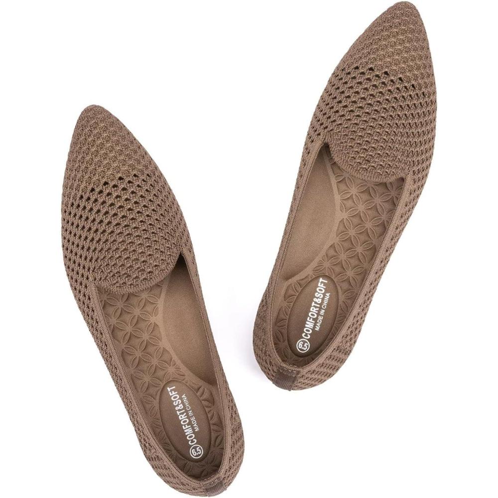image:imageFrank Mully Womens Pointed Toe Flats Comfort Loafes Slip On Shoes for Woman Low Wedge Knit Dress Shoes for WorkBrown