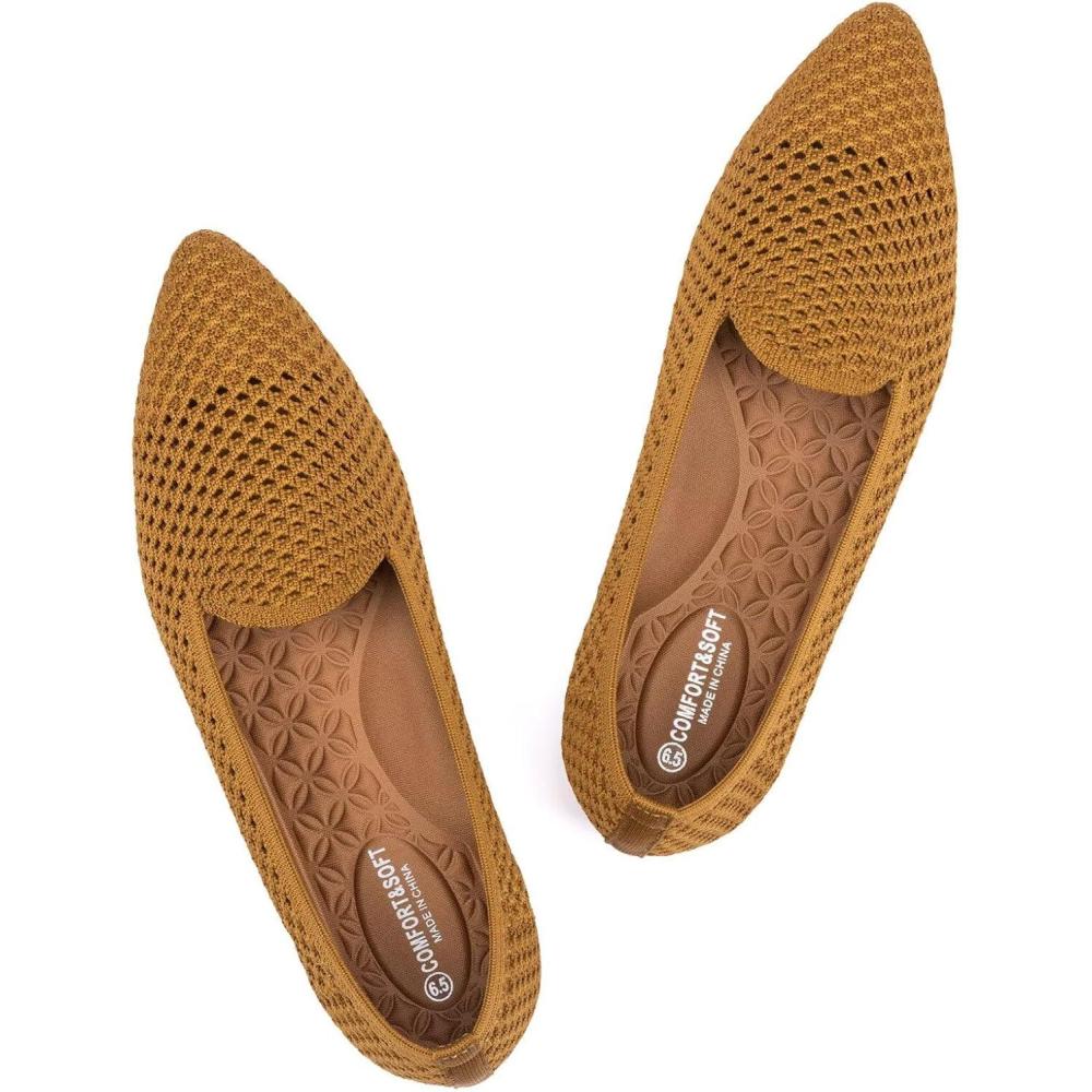 image:imageFrank Mully Womens Pointed Toe Flats Comfort Loafes Slip On Shoes for Woman Low Wedge Knit Dress Shoes for WorkYellow