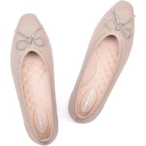 Frank Mully Ballet Flats for Women Square-Toe Flats with Rhinestone Bow Knot Casual Knitted Flat Shoes for Dressy/Office/Everyday Wear(Ecru)