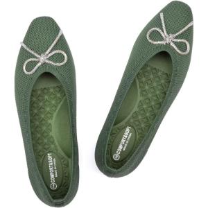 Frank Mully Ballet Flats for Women Square-Toe Flats with Rhinestone Bow Knot Casual Knitted Flat Shoes for Dressy/Office/Everyday Wear(Green)