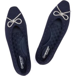 Frank Mully Ballet Flats for Women Square-Toe Flats with Rhinestone Bow Knot Casual Knitted Flat Shoes for Dressy/Office/Everyday Wear(Navy)