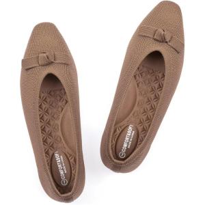 Frank Mully Ballet Flats for Women Dressy Squared Toe Knit Flat with Bowknot Casual Comfortable Slip-On Work Business Shoes for Daily Casual(Brown/Solid)