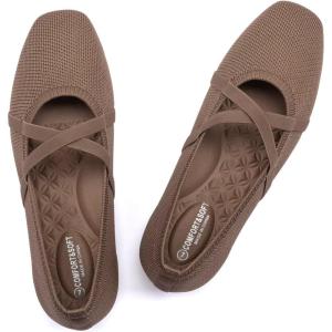 Frank Mully Mary Jane Women Flat Square-Toe Ballerina Flat Shoes Comfortable for Dressy and Work with Cross Strap(Brown)