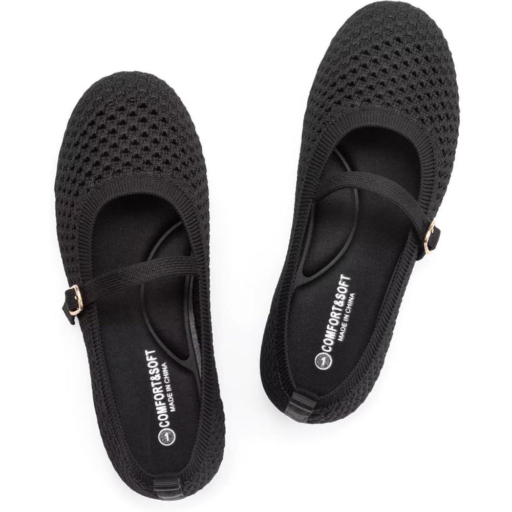 image:imageFrank Mully Little Girls Knitted Mary Jane Flats Breathable Mesh Girl Shoes Flexible Round Toe Casual Dress Flats for School with Cushioned InsoleBlack
