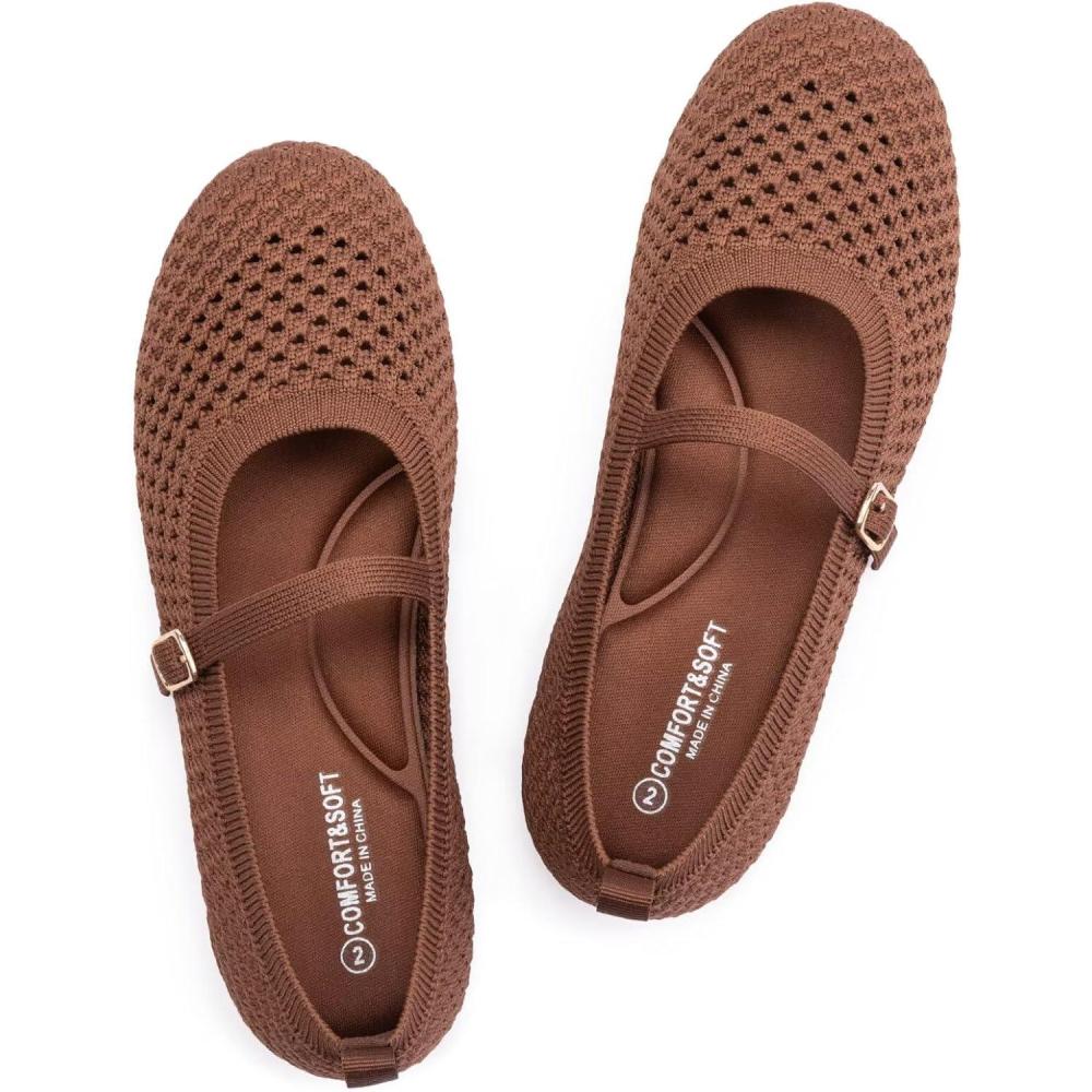 image:imageFrank Mully Little Girls Knitted Mary Jane Flats Breathable Mesh Girl Shoes Flexible Round Toe Casual Dress Flats for School with Cushioned InsoleBrown