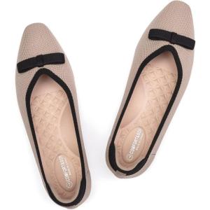 Frank Mully Ballet Flats for Women Dressy Squared Toe Knit Flat with Bowknot Casual Comfortable Slip-On Work Business Shoes for Daily Casual(Khaki/Black)