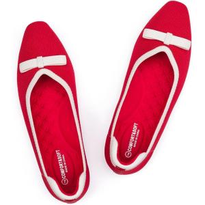 Frank Mully Ballet Flats for Women Dressy Squared Toe Knit Flat with Bowknot Casual Comfortable Slip-On Work Business Shoes for Daily Casual(Red/White)