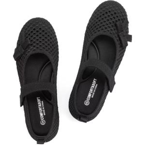 Frank Mully Little Girls Knitted Mary Jane Flats Breathable Mesh Girl Shoes, Flexible Round Toe Casual Dress Flats for School with Cushioned Insole(Black With Bow)