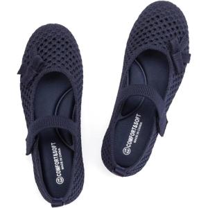 Frank Mully Little Girls Knitted Mary Jane Flats Breathable Mesh Girl Shoes, Flexible Round Toe Casual Dress Flats for School with Cushioned Insole(Navy)