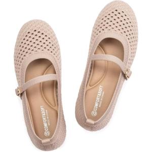 Frank Mully Little Girls Knitted Mary Jane Flats Breathable Mesh Girl Shoes, Flexible Round Toe Casual Dress Flats for School with Cushioned Insole(Nude)
