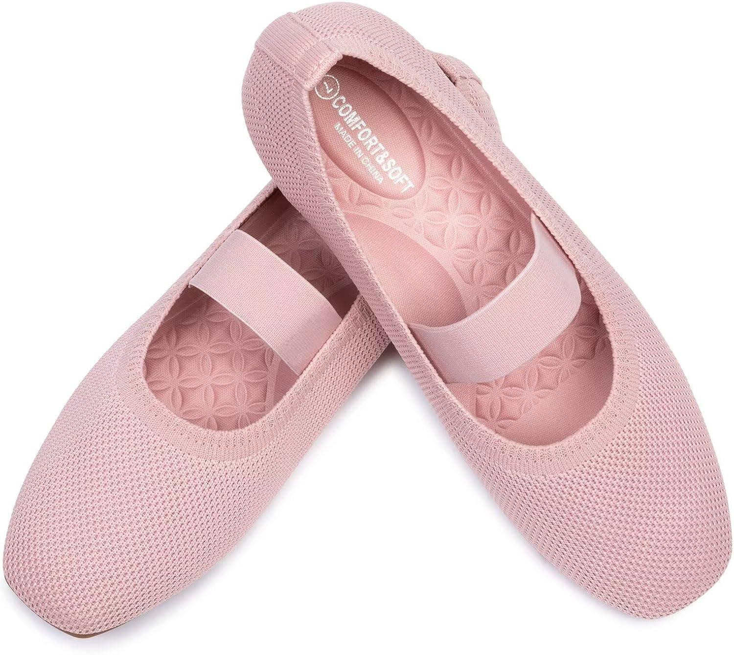 image:imageFrank Mully Womens Ballet Flats Slip on Casual Knitted Fabric Shoes SquareToe Flats with Elastic Straps for Women6091pink