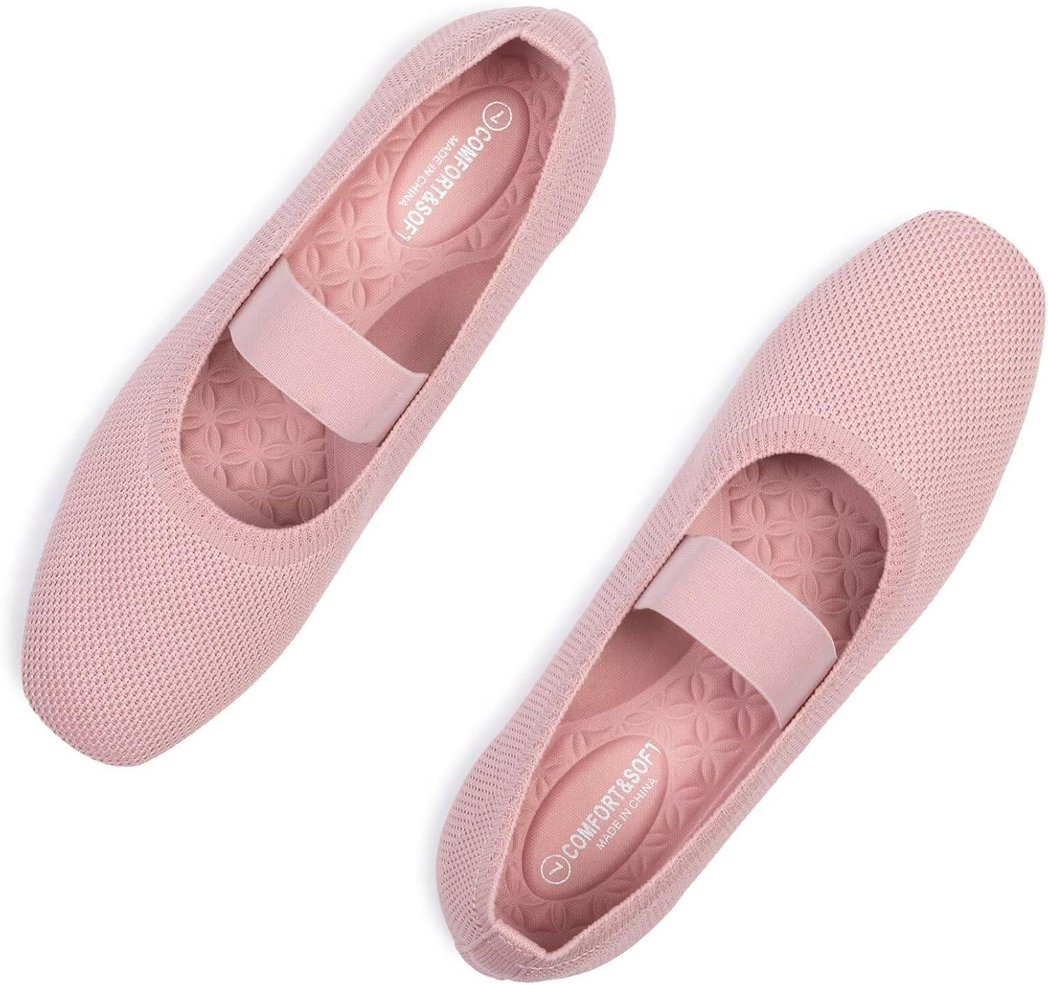 image:imageFrank Mully Womens Ballet Flats Slip on Casual Knitted Fabric Shoes SquareToe Flats with Elastic Straps for Women6091pink
