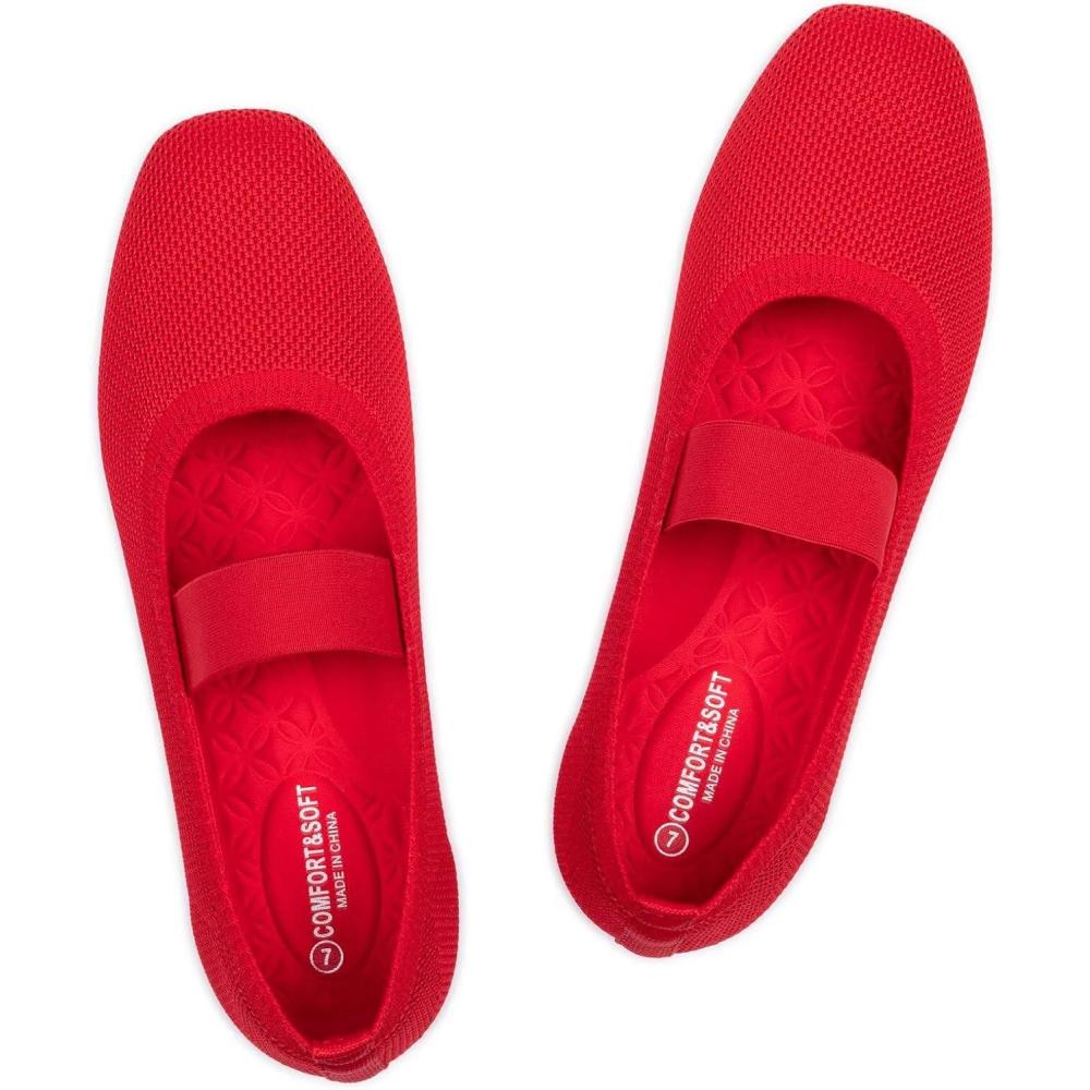 image:imageFrank Mully Womens Ballet Flats Slip on Casual Knitted Fabric Shoes SquareToe Flats with Elastic Straps for Women6091red