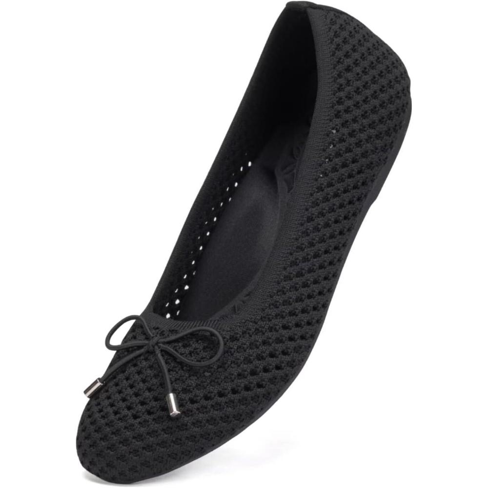 image:imageFrank Mully Womens Mesh Flats Round Toe Foldable Dressy Shoes with BowKnot Cute Ballet Knit Flats Casual Business OfficeBlackMesh