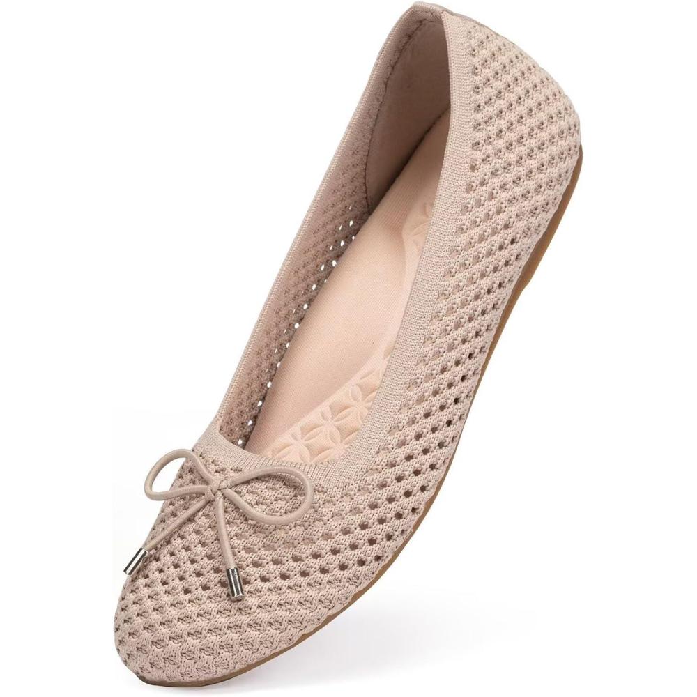 image:imageFrank Mully Womens Mesh Flats Round Toe Foldable Dressy Shoes with BowKnot Cute Ballet Knit Flats Casual Business OfficeEcruMesh