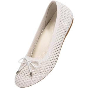 Frank Mully Women’s Mesh Flats Round Toe Foldable Dressy Shoes with Bow-Knot Cute Ballet Knit Flats Casual Business Office(Ivory/Mesh)