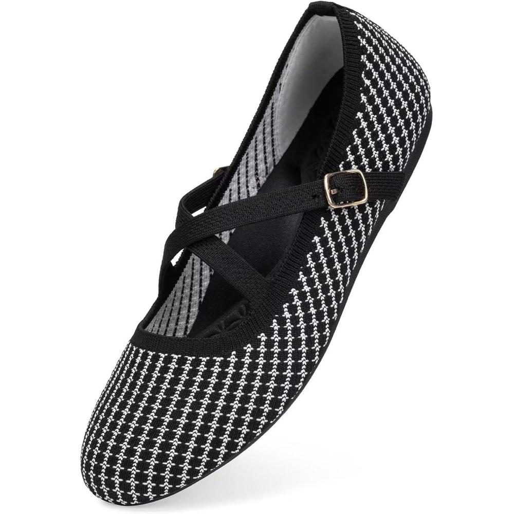 image:imageFRANK MULLY Womens Mary Jane Flats Knit Ballet Criss Cross Ankle Strap Flat ShoesBlackwhite