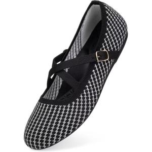 FRANK MULLY Women’s Mary Jane Flats Knit Ballet Criss Cross Ankle Strap Flat Shoes(Black&white)