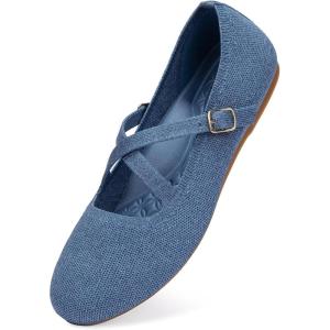 FRANK MULLY Women’s Mary Jane Flats Knit Ballet Criss Cross Ankle Strap Flat Shoes(Denim Blue/Solid)