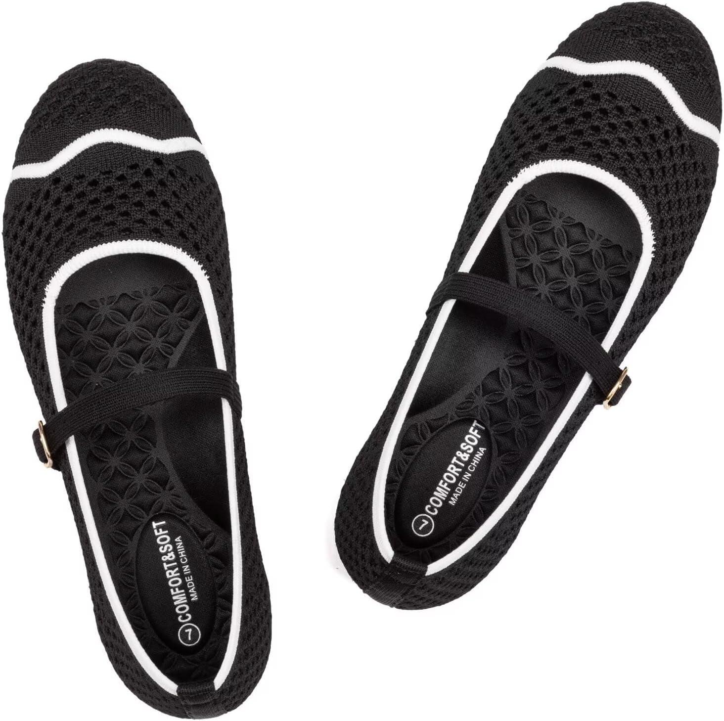 image:imageFrank Mully Womens Mesh Mary Jane Flats Round Toe SlipOn Breathable Knitted Comfort Shoes for Daily Walking WorkBlack