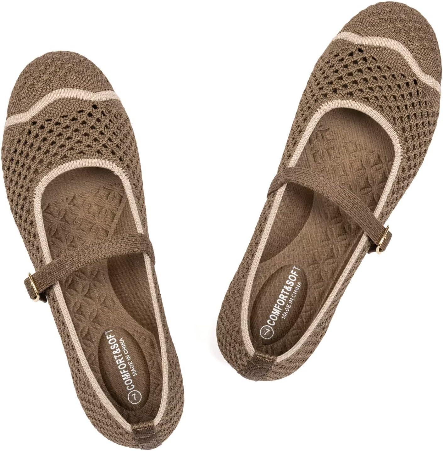 image:imageFrank Mully Womens Mesh Mary Jane Flats Round Toe SlipOn Breathable Knitted Comfort Shoes for Daily Walking WorkBrown