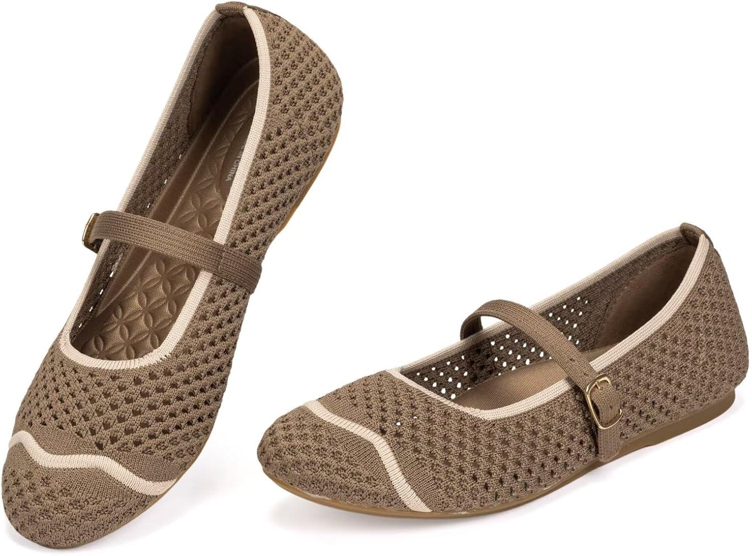 image:imageFrank Mully Womens Mesh Mary Jane Flats Round Toe SlipOn Breathable Knitted Comfort Shoes for Daily Walking WorkBrown