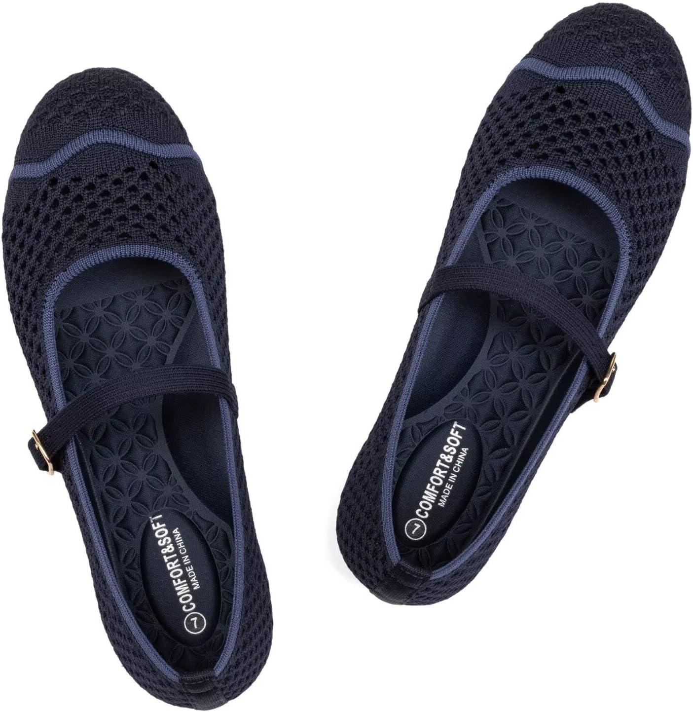 image:imageFrank Mully Womens Mesh Mary Jane Flats Round Toe SlipOn Breathable Knitted Comfort Shoes for Daily Walking WorkDeep Blue