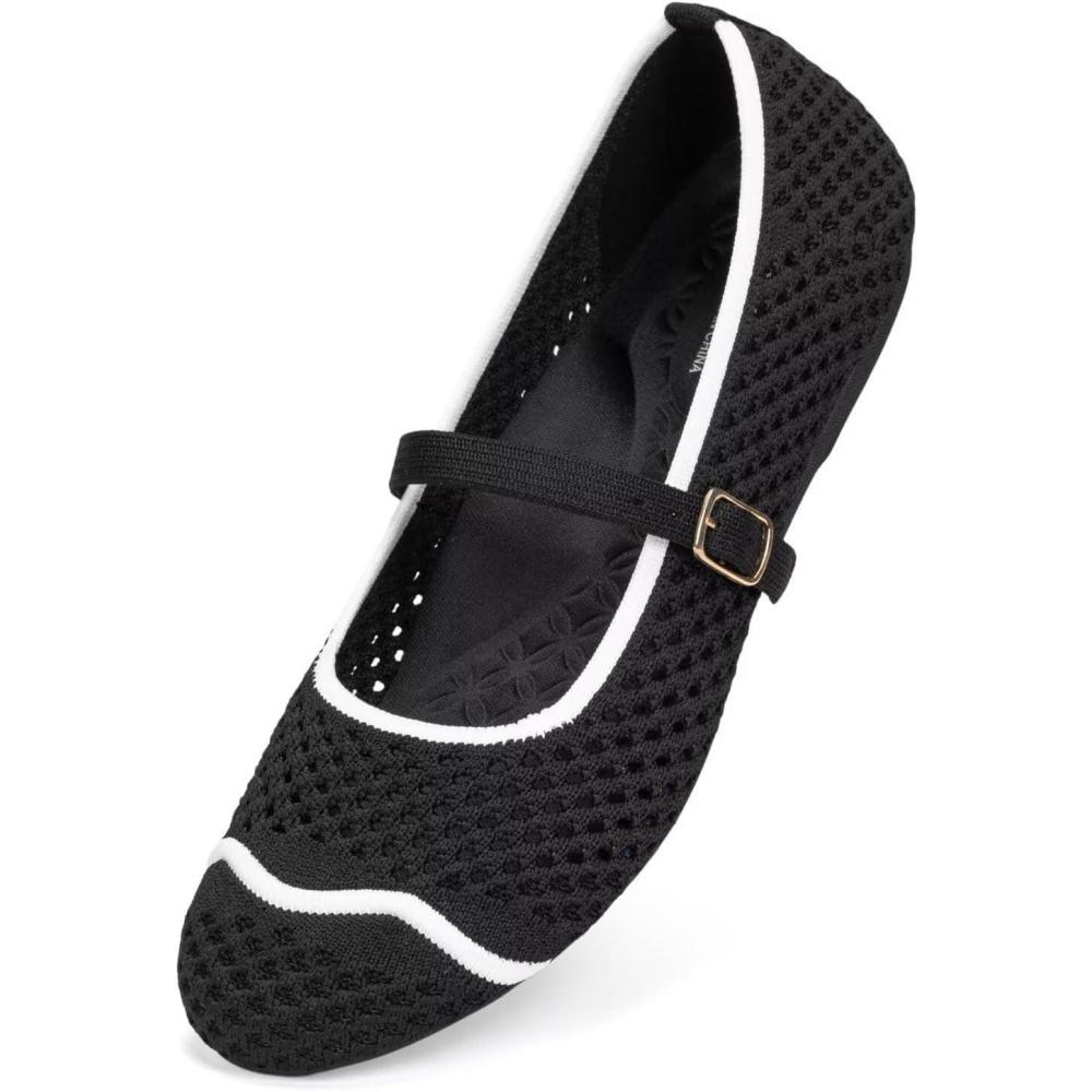 image:imageFrank Mully Womens Mesh Mary Jane Flats Round Toe SlipOn Breathable Knitted Comfort Shoes for Daily Walking WorkBlack
