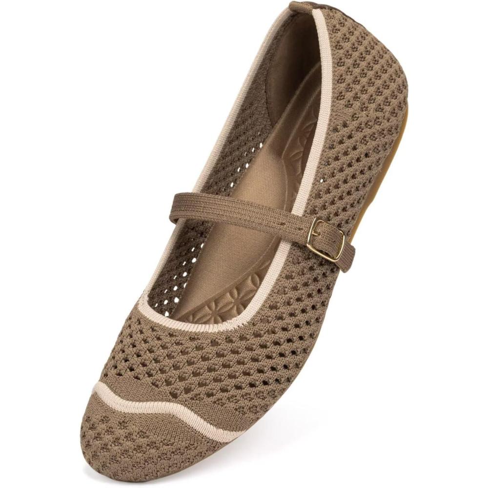 image:imageFrank Mully Womens Mesh Mary Jane Flats Round Toe SlipOn Breathable Knitted Comfort Shoes for Daily Walking WorkBrown