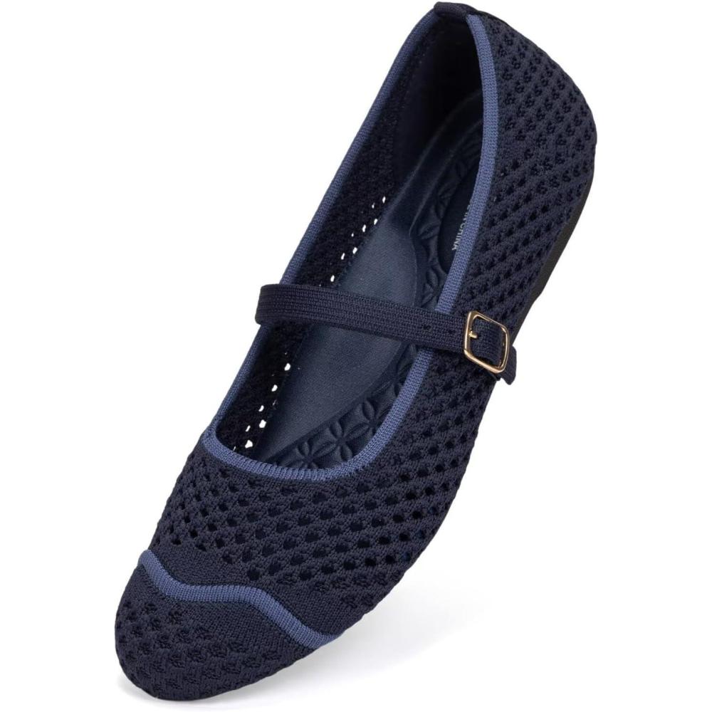 image:imageFrank Mully Womens Mesh Mary Jane Flats Round Toe SlipOn Breathable Knitted Comfort Shoes for Daily Walking WorkDeep Blue