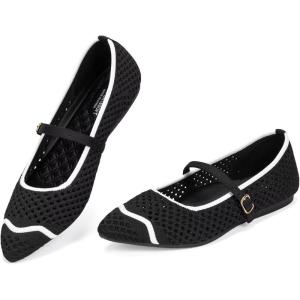 Frank Mully Mesh Ballet Flats for Women Comfy Washable Flexible Breathable Casual Work Office Walk Pointed Toe Ballerina Shoes(Black)