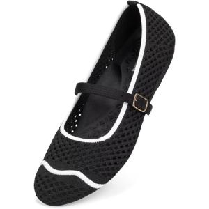 Frank Mully Women’s Mesh Mary Jane Flats Round Toe Slip-On Breathable Knitted Comfort Shoes for Daily Walking Work(Black)