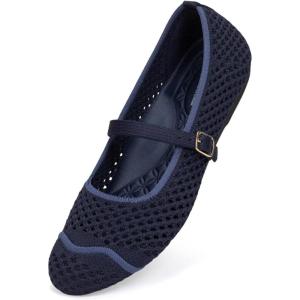 Frank Mully Women’s Mesh Mary Jane Flats Round Toe Slip-On Breathable Knitted Comfort Shoes for Daily Walking Work(Deep Blue)