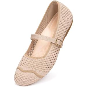 Frank Mully Women’s Mesh Mary Jane Flats Round Toe Slip-On Breathable Knitted Comfort Shoes for Daily Walking Work(Ecru)
