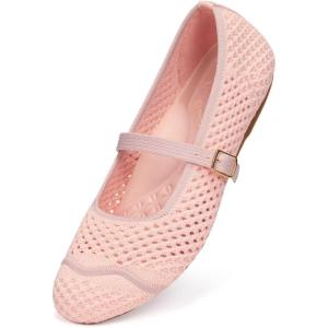 Frank Mully Women’s Mesh Mary Jane Flats Round Toe Slip-On Breathable Knitted Comfort Shoes for Daily Walking Work(Pink)